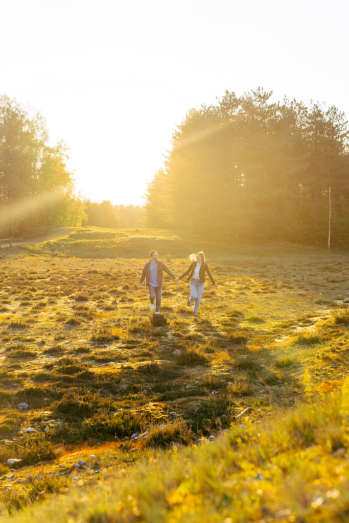 Paar im goldenen Abendlicht in der Heide – Paarshooting Mosipictures
