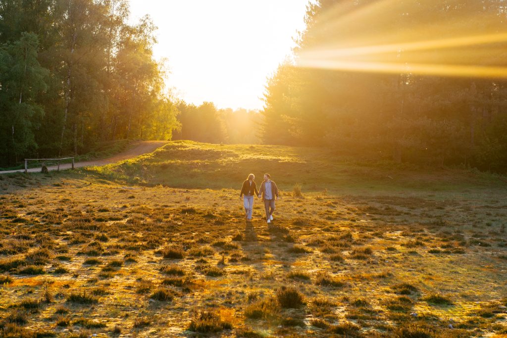 Paar im goldenen Abendlicht in der Heide – Paarshooting Mosipictures