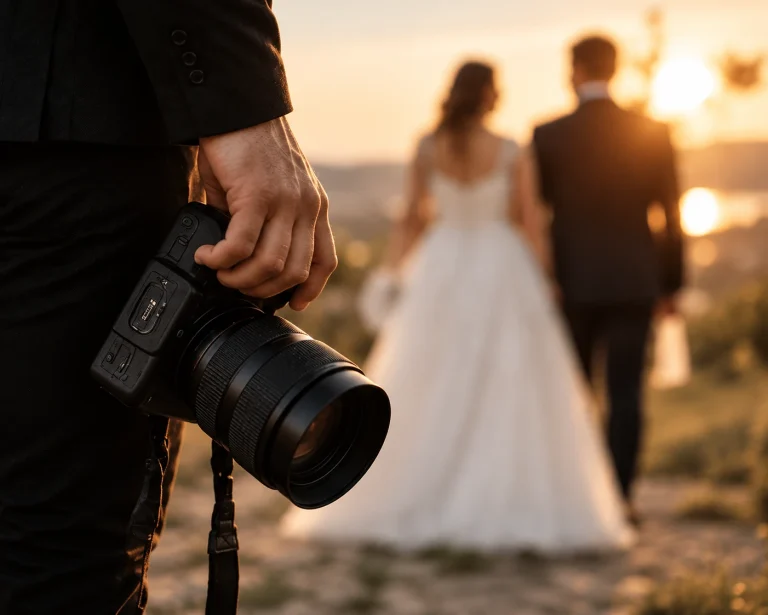 Fotograf mit Kamera in der Hand, im Hintergrund ein Brautpaar im Sonnenuntergang