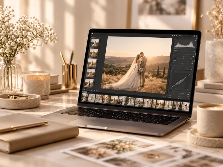 Laptop mit Bildbearbeitung eines Hochzeitsfotos auf einem hellen Schreibtisch – Designbeispiel