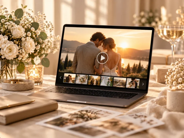 Laptop mit einer Hochzeits-Slideshow im Abendlicht, daneben Blumen und Fotoabzüge – Designbeispiel