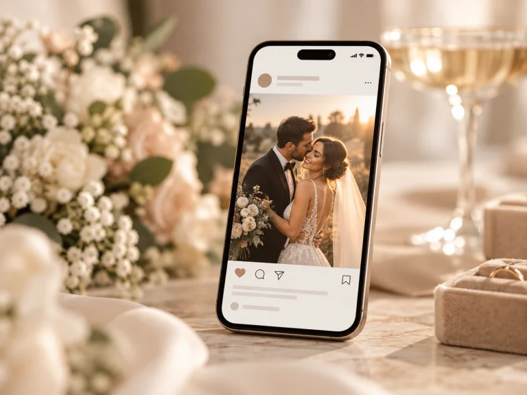 Smartphone mit einem Hochzeitsfoto im Social-Media-Beitrag – Designbeispiel für die Highlight-Fotos